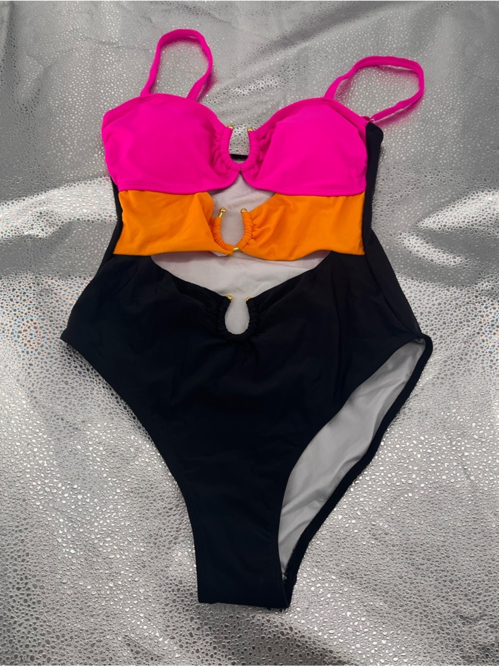 Eomenie Colorblock Cutout One-Piece Swimsuit Adjustable Strap Pink Black Size S